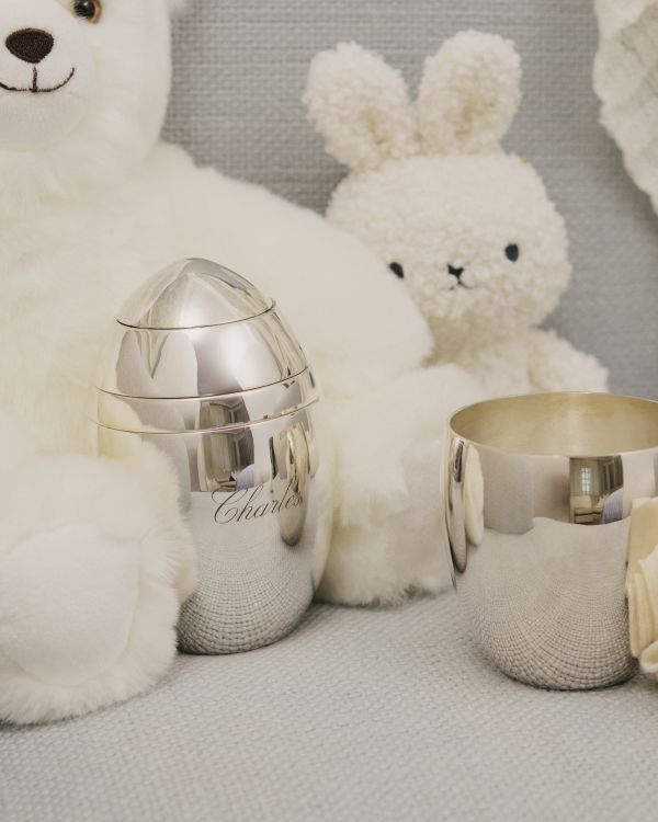 MOOD Baby - Timbale, coquetier, rond de serviette et toupie en métal argenté